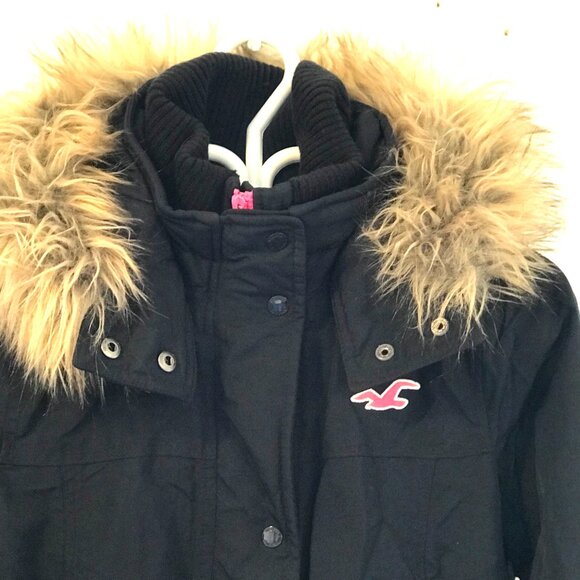 VTG Hollister winter bomber jacket hood faux fur navy/pink spell out Y2K 90's - Picture 5 of 8